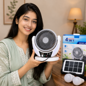 4-in-1 Solar Fan with LED Light, 2 Bulbs & Power Bank